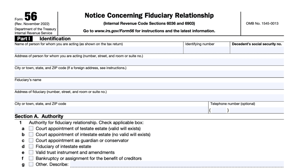 irs form 56, notice concerning fiduciary relationship