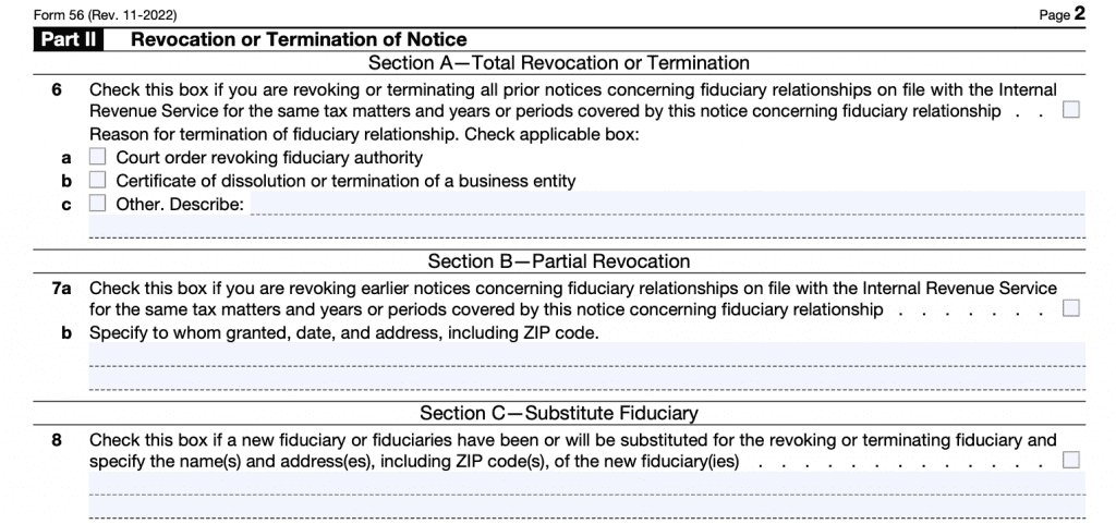 irs form 56, notice concerning fiduciary relationship, part ii: revocation or termination of notice