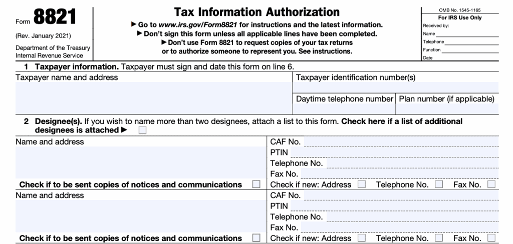 irs form 8821, tax information authorization, fields 1 and 2