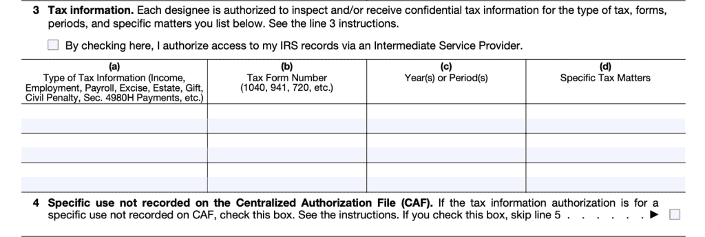 irs form 8821, tax information authorization, fields 3 and 4
