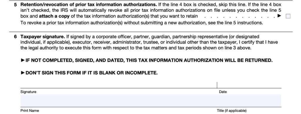 irs form 8821, tax information authorization, fields 5 and 6