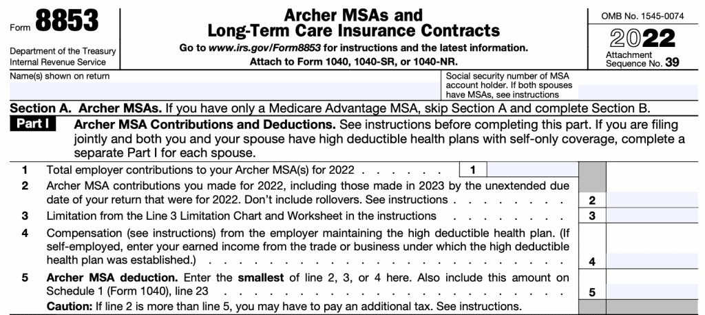 irs form 8853, section a, Part I: Archer MSA contributions and deductions