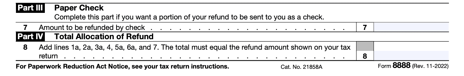 Part III: Paper check & Part IV: Total allocation of refund