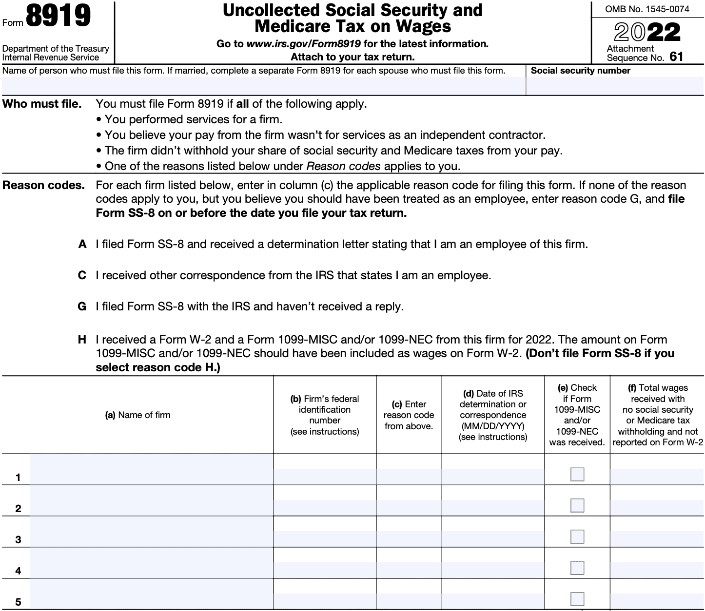 irs form 8919, taxpayer information, reason codes, lines 1 through 5