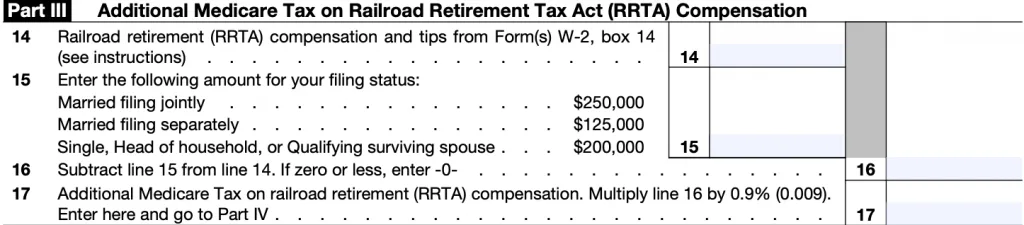 IRS Form 8959 part iii: additional medicare tax on railroad retirement tax act compensation