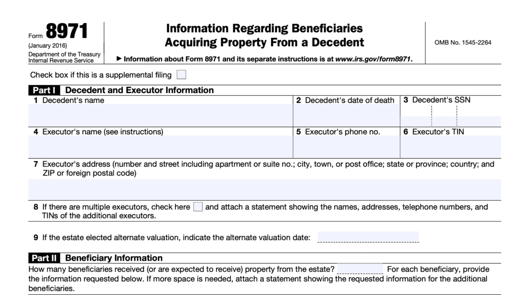irs form 8971, information regarding beneficiaries acquiring property from a decedent