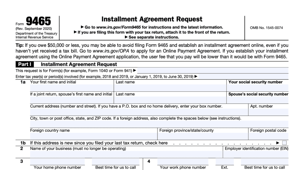 irs form 9465, installment agreement request