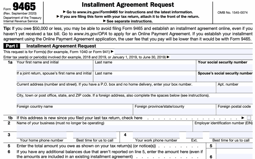 irs form 9465, installment agreement request, part I, lines 1-6