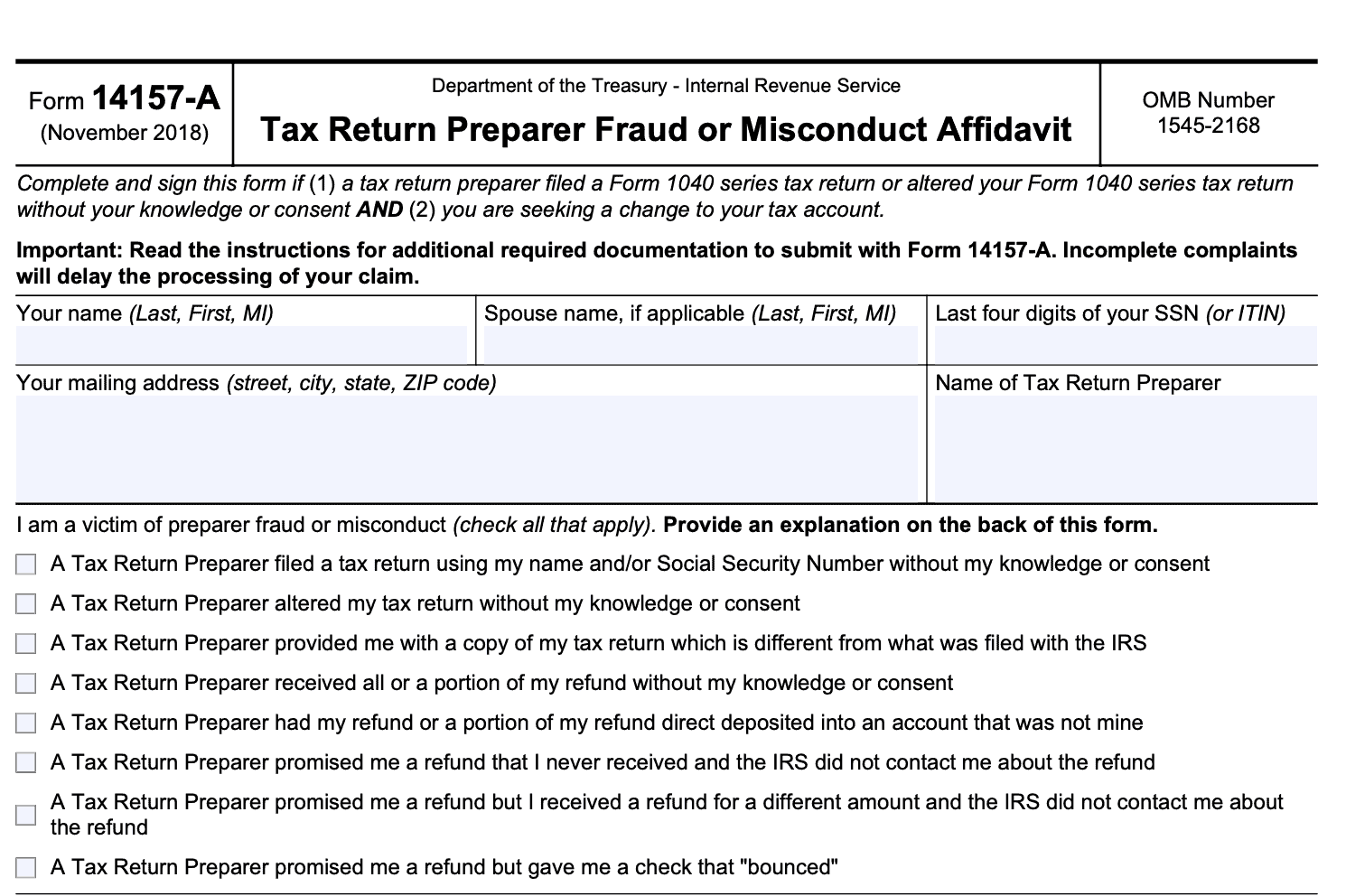IRS Form 14157-A, tax return preparer fraud or misconduct affidavit, taxpayer information and type of fraud