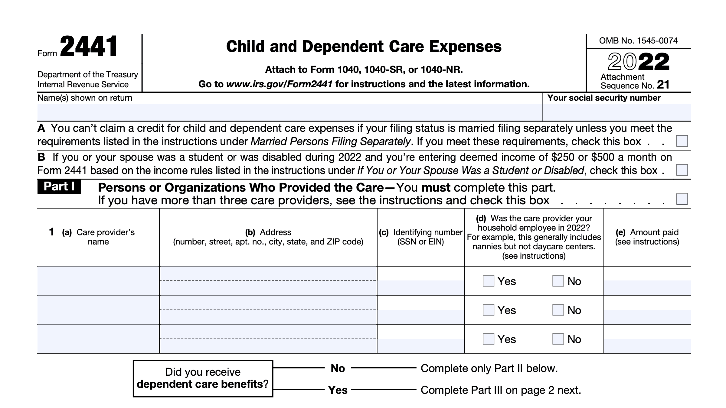 IRS Form 2441 Instructions - Child and Dependent Care Expenses