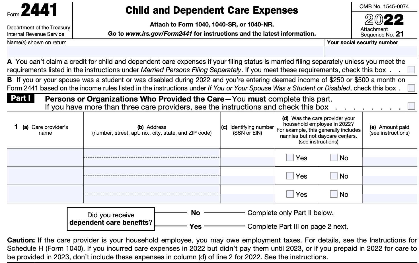 irs form 2441, part i: persons or organizations who provided the care