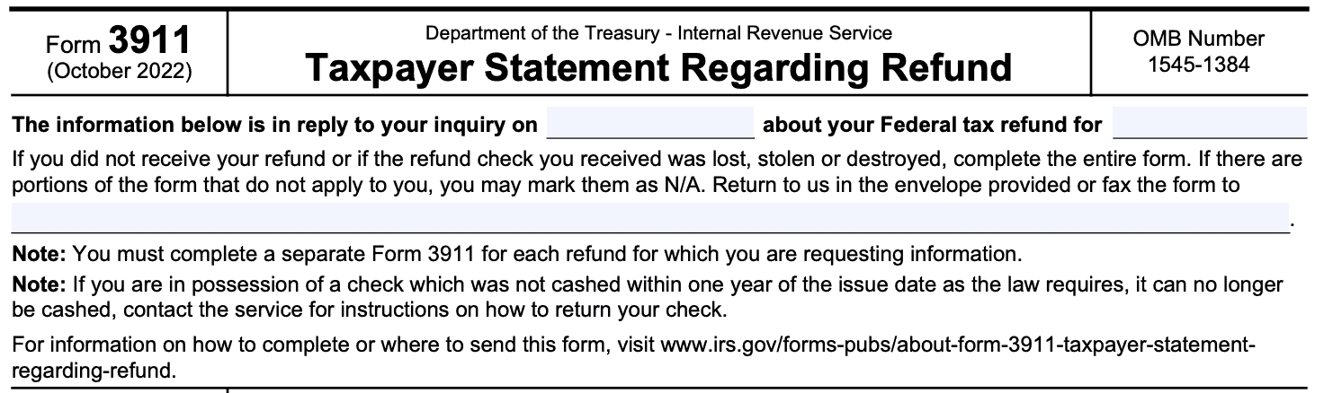 IRS Form 3911-taxpayer statement regarding refund