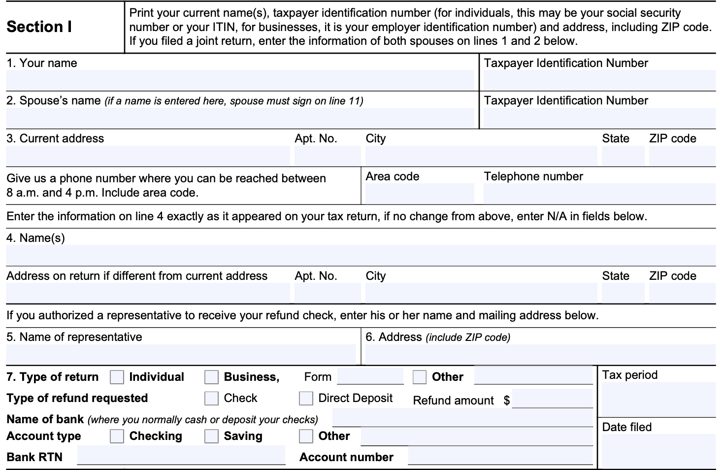 Form 3911 Section 1: Tax return information