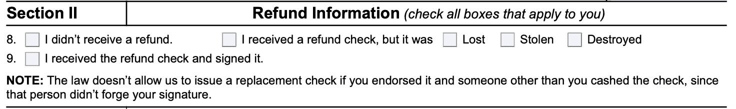 IRS Form 3911 Section II: Refund information