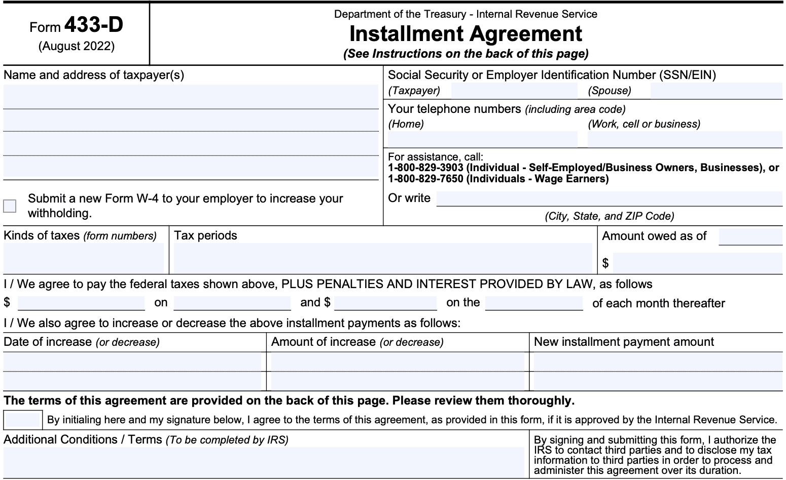 irs form 433-d, installment agreement form