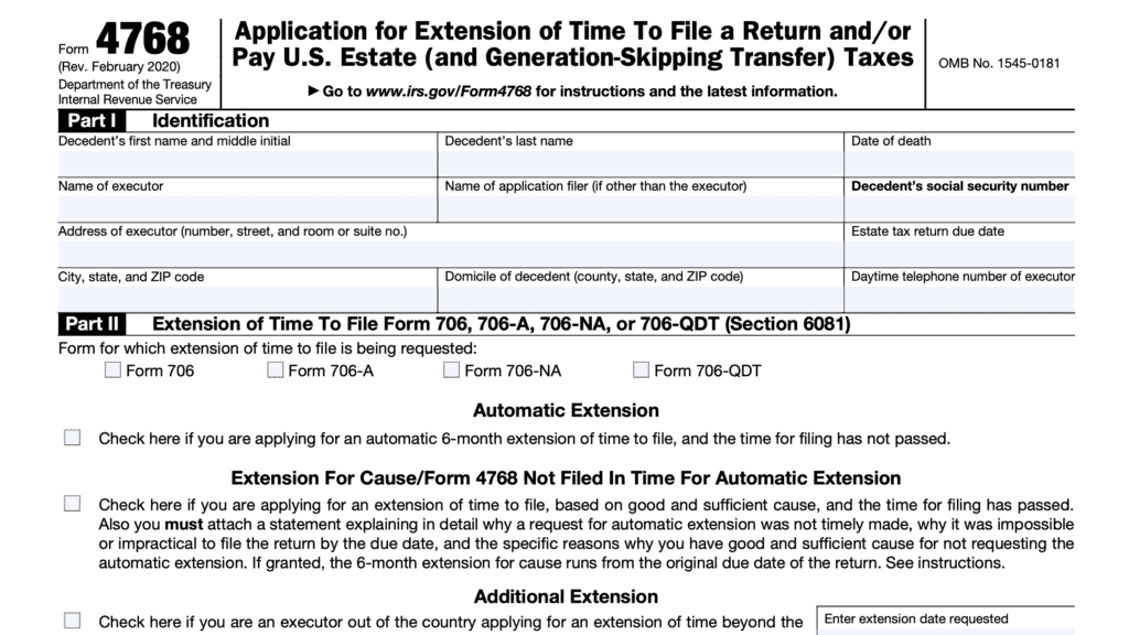 irs form 4768, Application for Extension of Time To File a Return and/or Pay U.S. Estate (and Generation-Skipping Transfer) Taxes