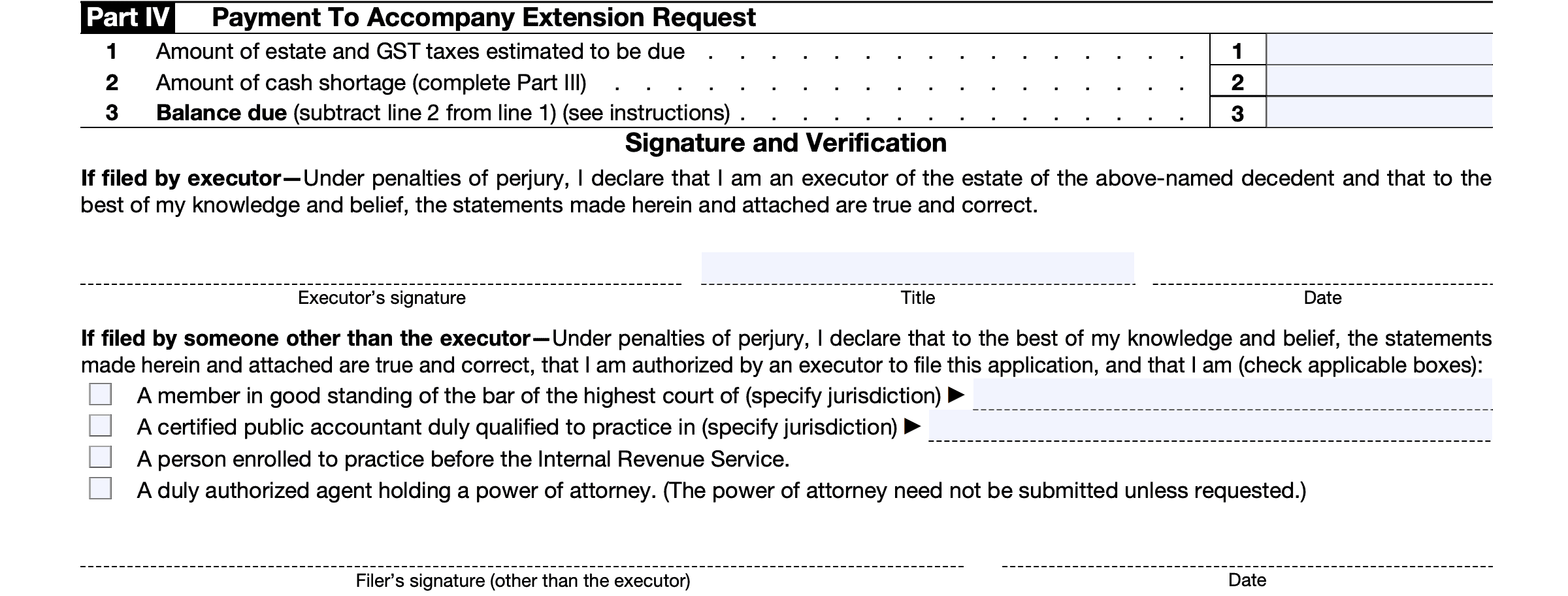 irs form 4768, part iv, payment to accompany extension request