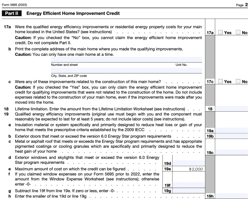 irs form 5695, part II: Energy Efficient Home Improvement Credit lines 17 through 19