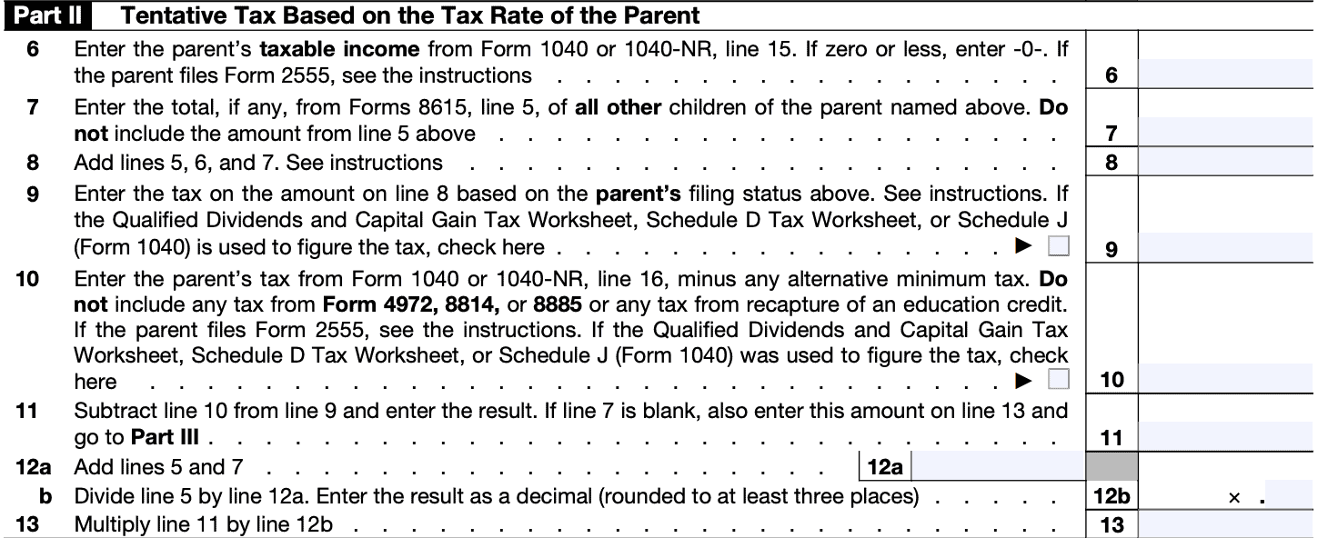 form 8615 part ii: tentative tax based on the parent's tax rate