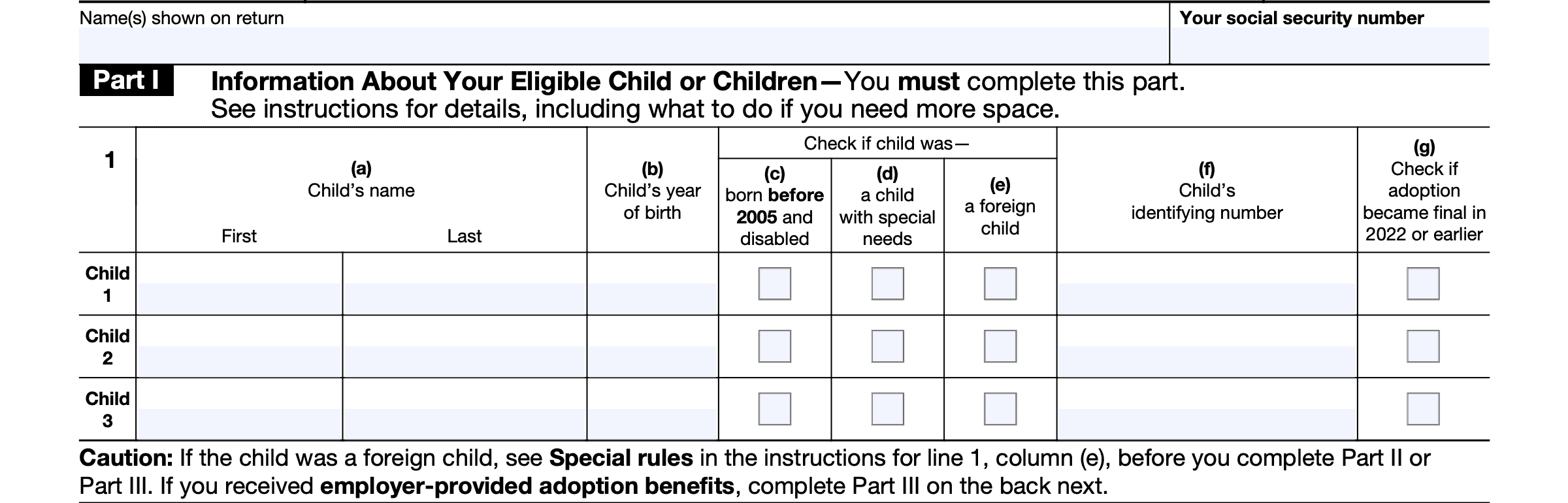 irs form 8839, part i: information about your eligible child or children