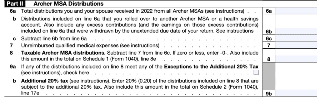 form 8853 section a part ii: archer msa distributions