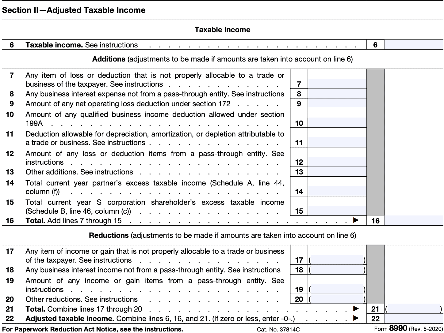 irs form 8990 section ii: adjusted taxable income