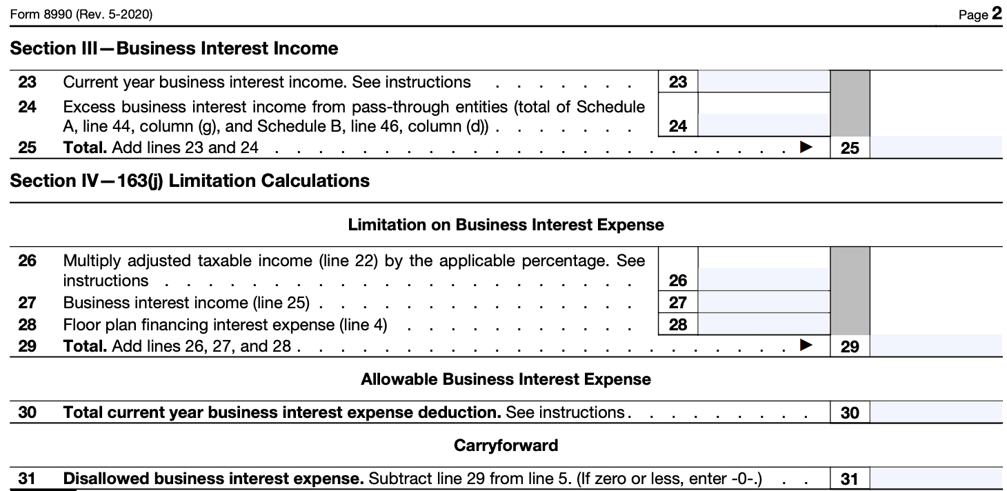 section III-business interest income and section iv-163(j) limitation calculations