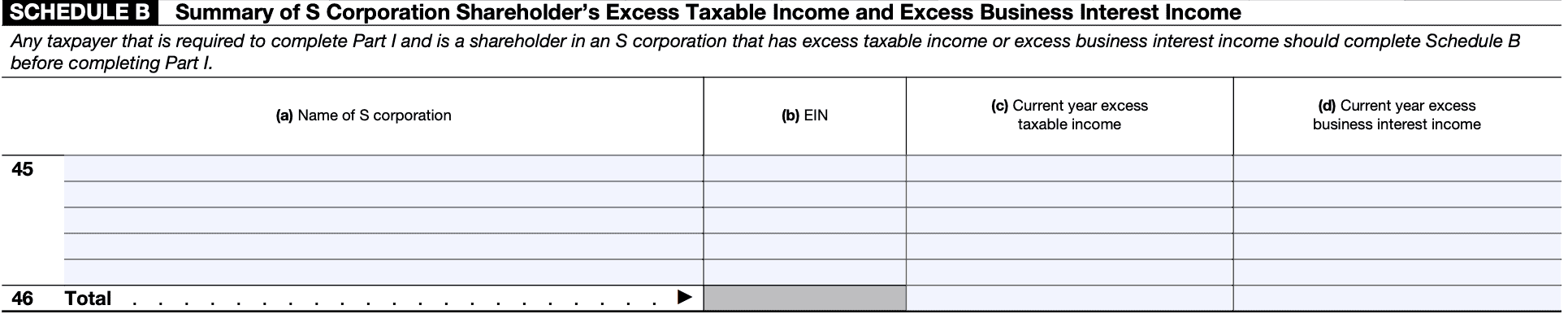schedule b: summary of s corporation shareholder's excess taxable income and excess business interest income