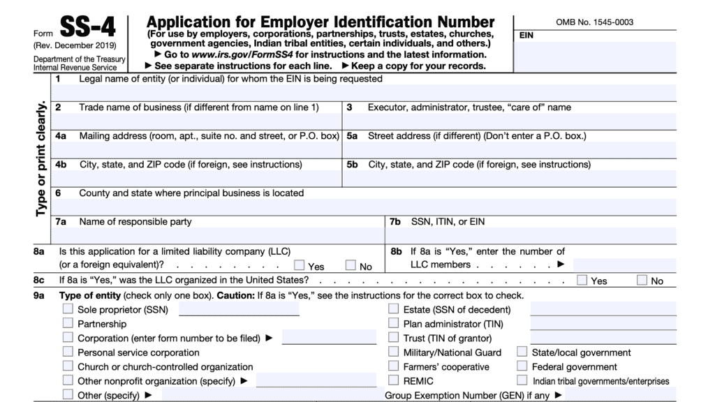 form ss-4: application for employer identification number (EIN)
