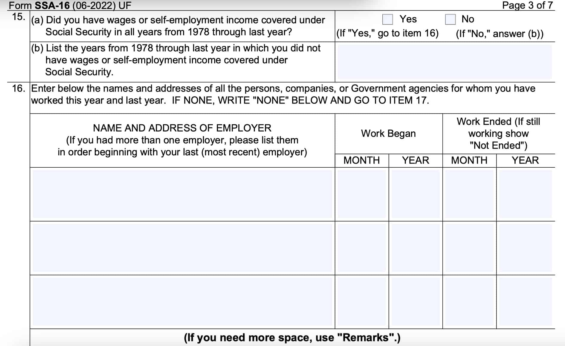Form ssa-16 employment history