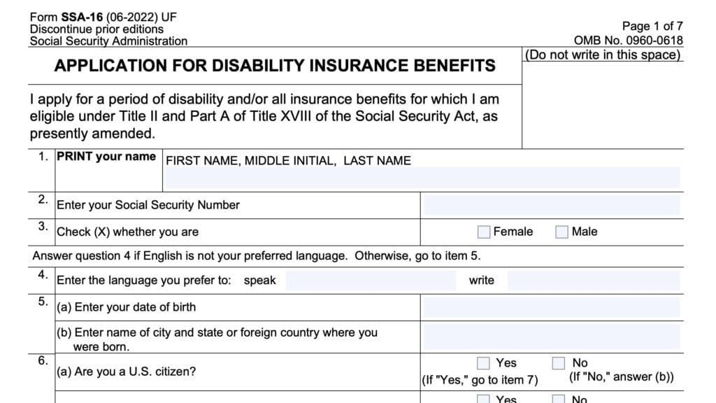 Form SSA 16: Application for disability insurance benefits
