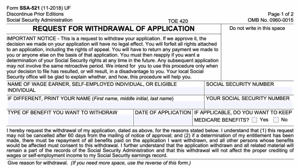 Form SSA 521, Request for Withdrawal of Application