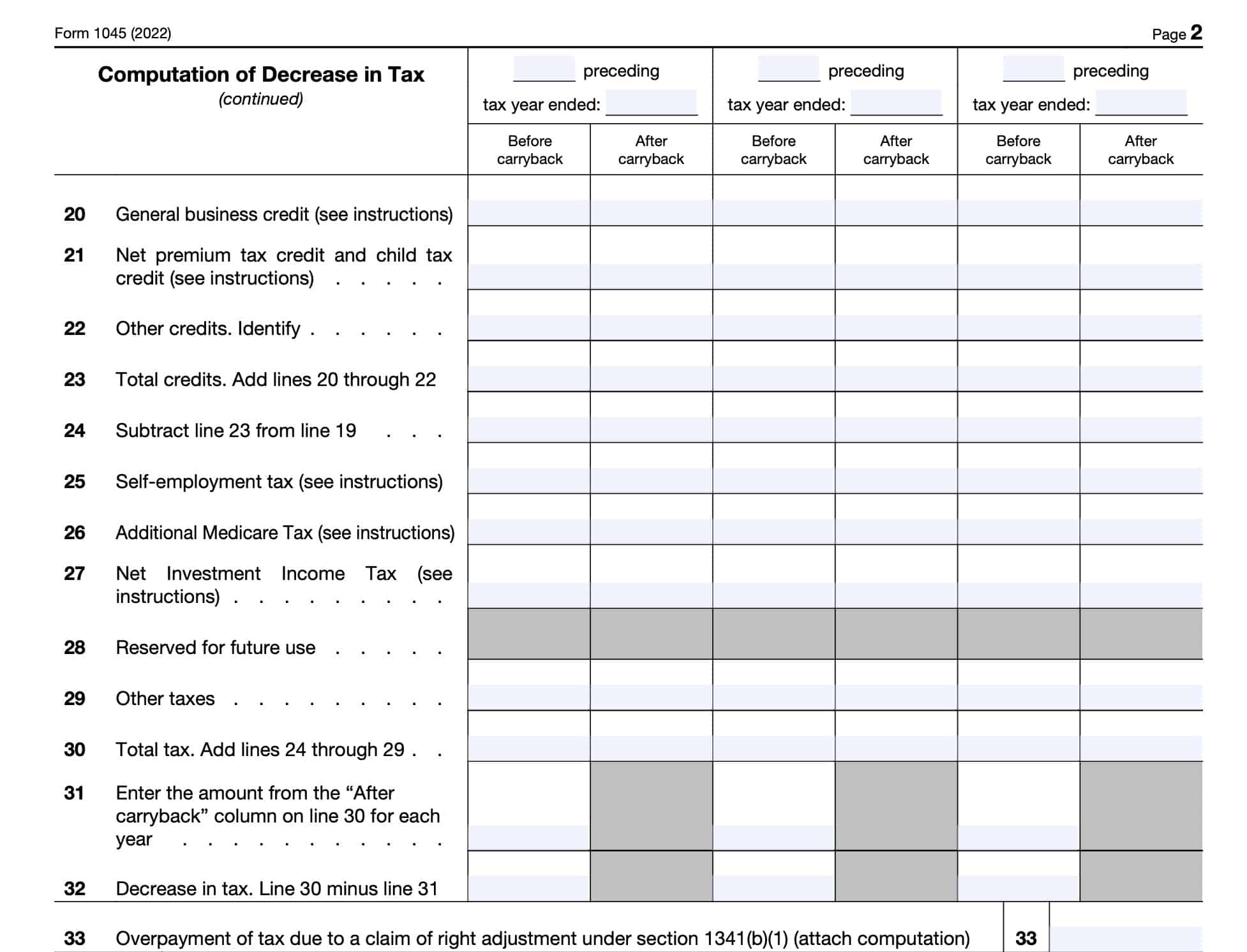 Form 1045, computation of decrease in tax, lines 20 through 33