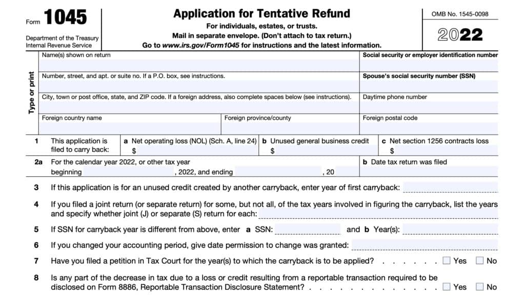 irs form 1045: application for tentative refund