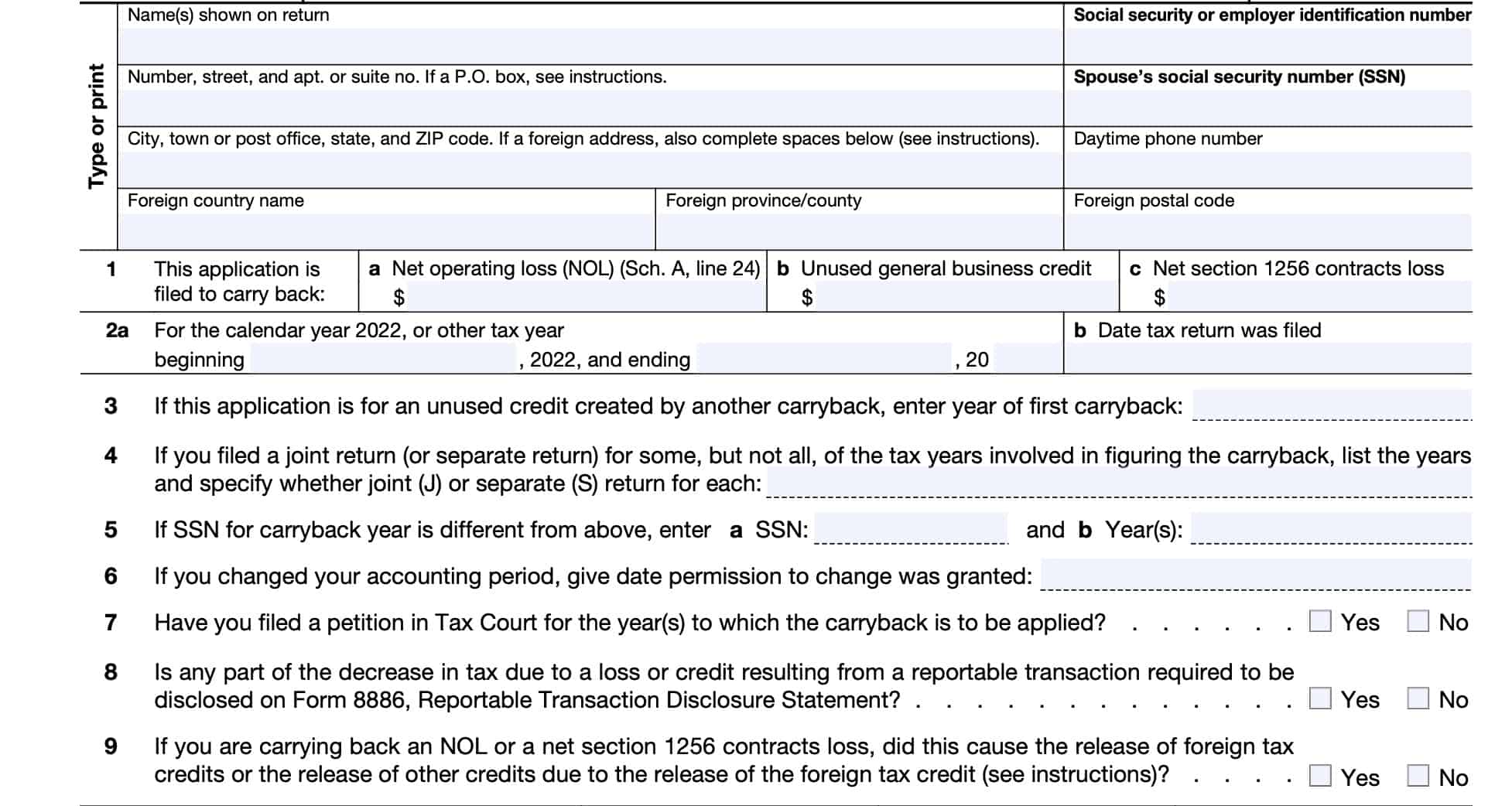 form 1045, taxpayer information