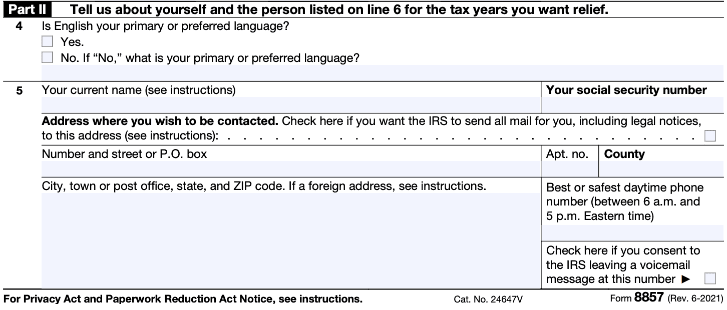part ii: tell us about yourself and the person listed on Line 6 for the tax years you want relief