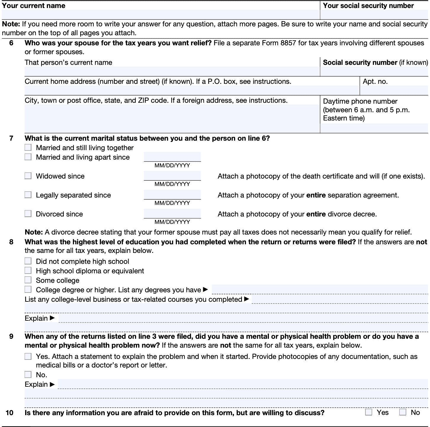 innocent spouse relief form, part ii, continued