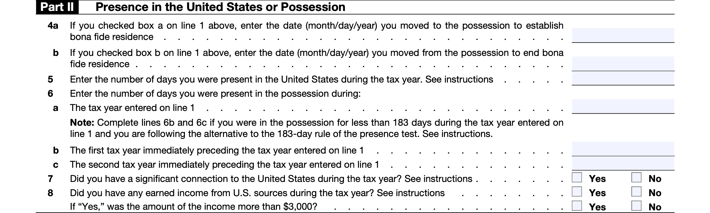 IRS Form 8898 part II: presence in the United States or possession