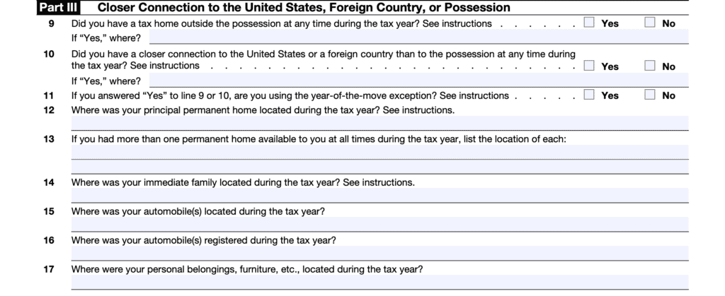 irs form 8898 part III, closer connection to the united states, foreign country, or possession