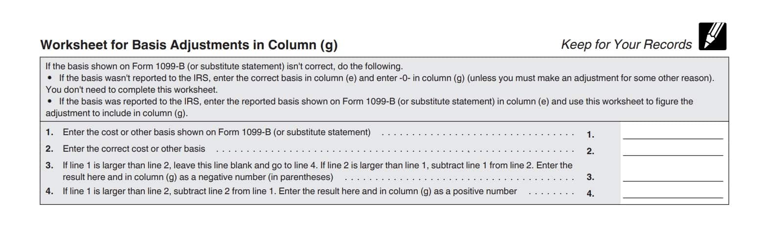 worksheet for basis adjustments for column (g)