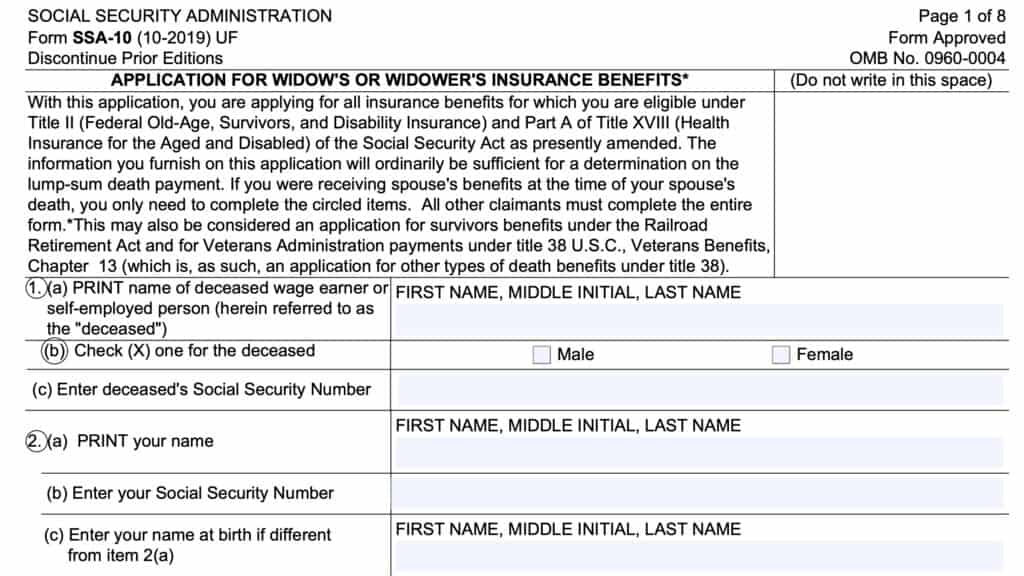 Form SSA-10, application for widow's or widower's insurance benefits