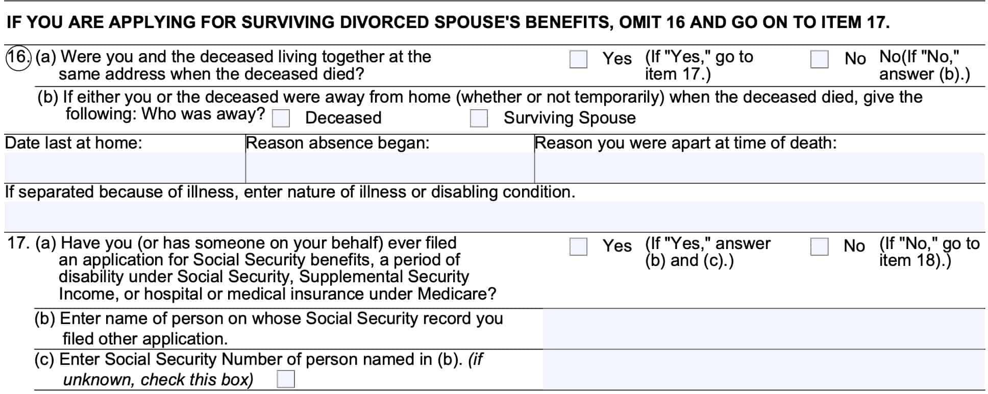 form ssa 10 line 16 discusses cohabitation while line 17 asks about previous benefits
