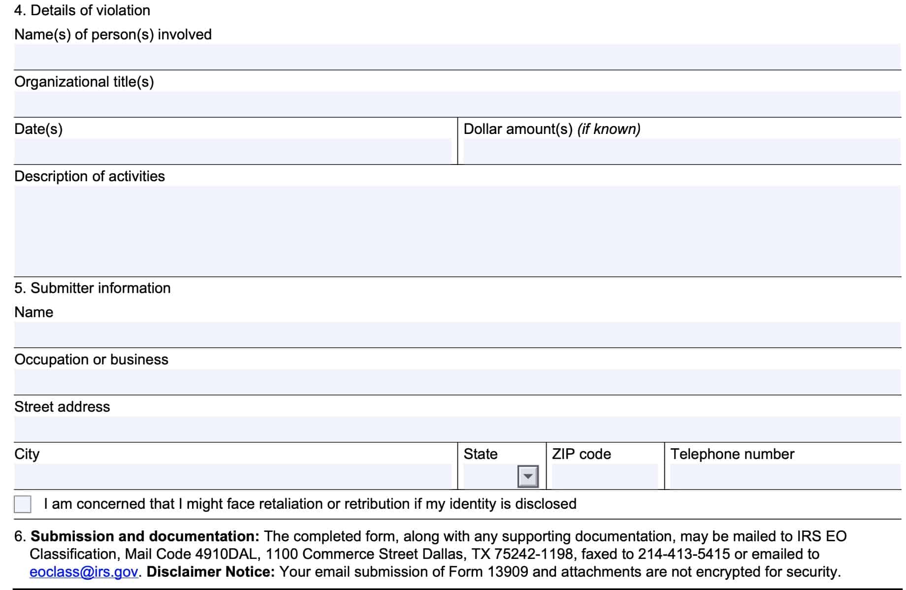 Submitter information for form 13909