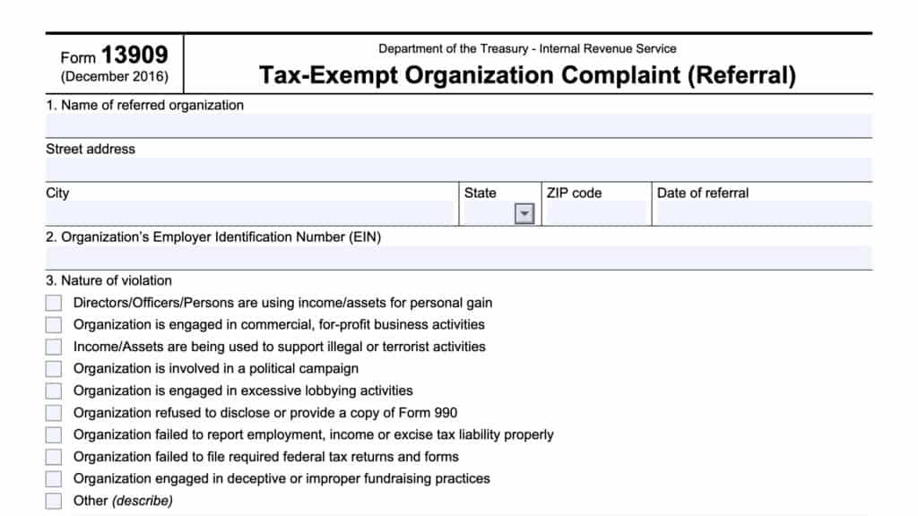 irs form 13909, tax-exempt organization complaint (referral)