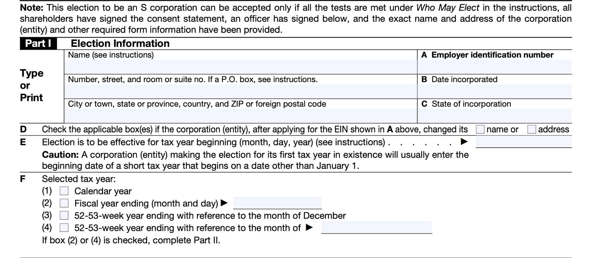 irs form 2553, part i, election information