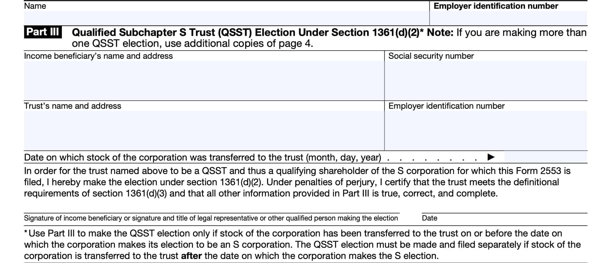 part iii, qualified subchapter s trust (QSST) election under Section 1351(d)(2)
