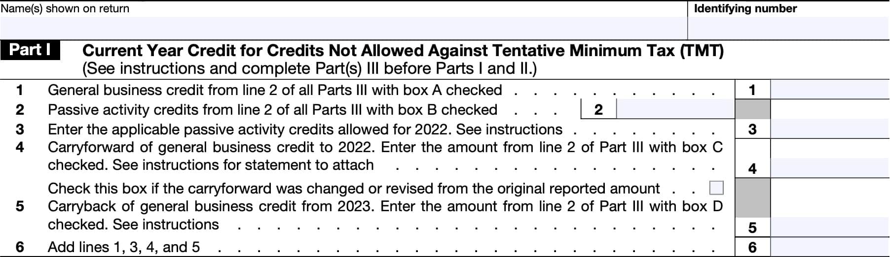 irs form 3800, part i: current year credit for credits not allowed against tmt