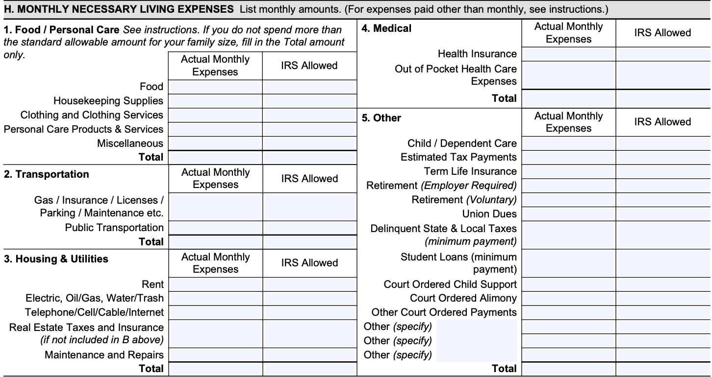 section H: monthly necessary living expenses