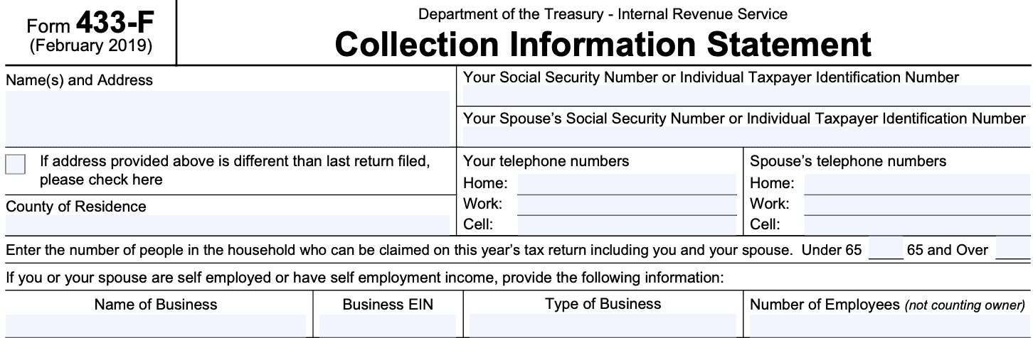 irs form 433-f, collection information statement, taxpayer information