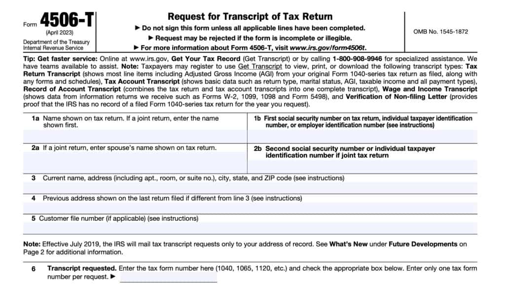irs form 4506-t, request for transcript of tax return